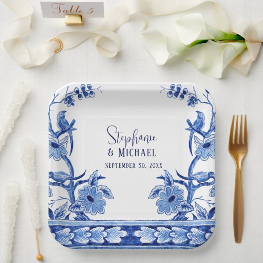 チノワセリーネイビーフローラバードアートブライダルシャワー ペーパープレート (ウェディング)