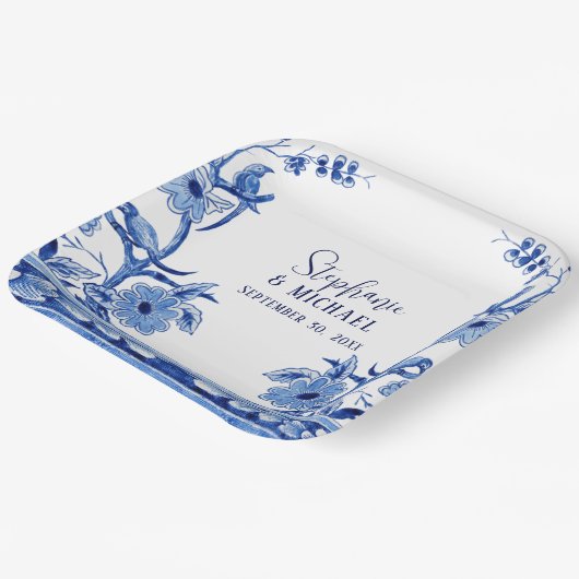 チノワセリーネイビーフローラバードアートブライダルシャワー ペーパープレート (傾斜あり)