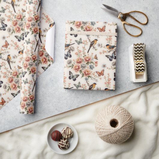 チノワセリーバードアンドバタフライ調和 ラッピングペーパー (クラフト)