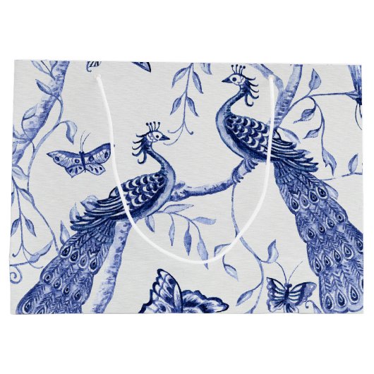 チノワセリーピーコックフローラネイビーブルーブライダルシャワー ラージペーパーバッグ (裏面)