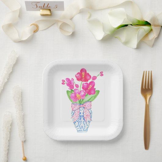 チノワセリー水彩ピンクオーキッドジンジャージャー瓶の花瓶 ペーパープレート (ウェディング)