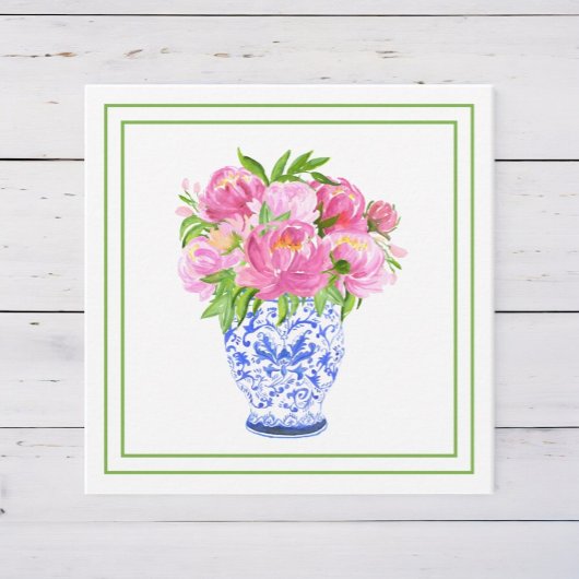 チノワールスタイルの花瓶とピンクの芍薬 グリーンボーダー ノートカード