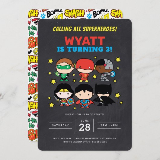 チビ ジャスティスリーグ 黒板 誕生日 招待状 (正面/裏面)