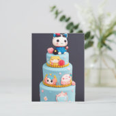 チビ(小さくかわいく書いた感じ)かわいい子猫ブルー黄色お誕生日ケーキ シーズンカード (スタンド正面)