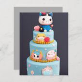 チビ(小さくかわいく書いた感じ)かわいい子猫ブルー黄色お誕生日ケーキ シーズンカード (正面/裏面)