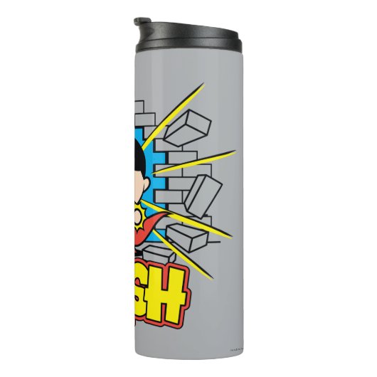 チビ(小さくかわいく書いた感じ)すごい男がレンガの壁を突き抜ける タンブラー (回転右)