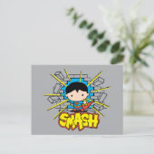 チビ(小さくかわいく書いた感じ)すごい男がレンガの壁を突き抜ける ポストカード (スタンド正面)