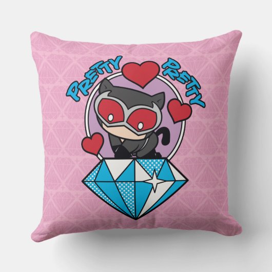 チビ（小さくかわいく書いた感じ）のキャットウーマンが大きなダイヤモンドの上に座る クッション (裏面)