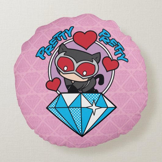 チビ（小さくかわいく書いた感じ）のキャットウーマンが大きなダイヤモンドの上に座る ラウンドクッション (裏面)