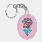 チビ(小さくかわいく書いた感じ)のキャットウーマン、大きなダイヤモンドの上に座る キーホルダー (正面左)