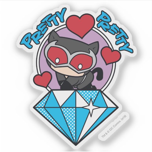 チビ（小さくかわいく書いた感じ）のキャットウーマン、大きなダイヤモンドの上に座る シール (正面)