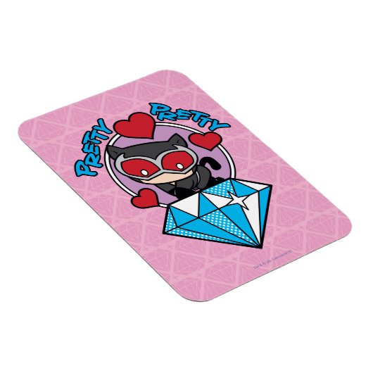 チビ（小さくかわいく書いた感じ）のキャットウーマン、大きなダイヤモンドの上に座る マグネット (右側)