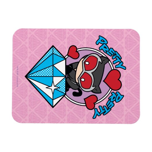 チビ(小さくかわいく書いた感じ)のキャットウーマン、大きなダイヤモンドの上に座る マグネット (横)