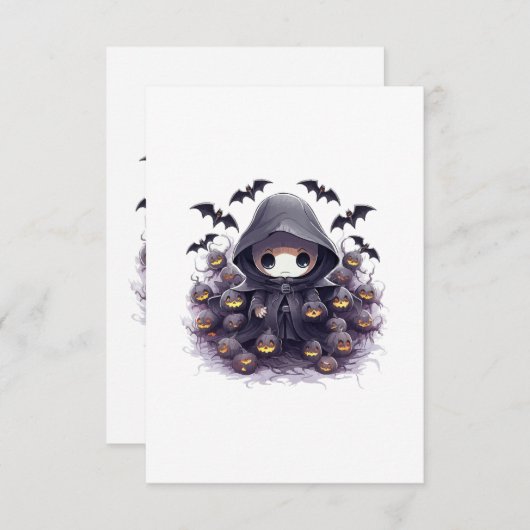 チビ(小さくかわいく書いた感じ)の死神ハロウィーン – 愛らしいダークファンタ サンキューカード (正面/裏面)
