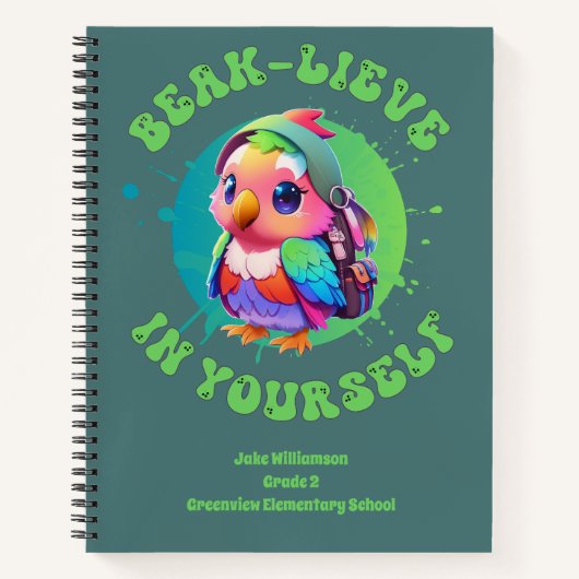 チビ(小さくかわいく書いた感じ)やる気を起こさせるかわいいオウム名スクール年 ノートブック (正面)