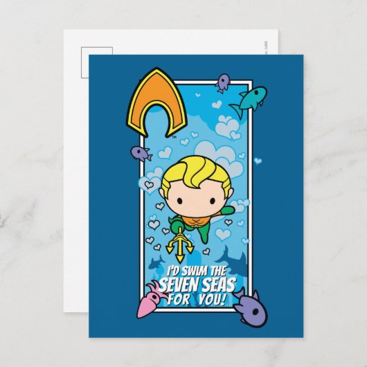 チビ(小さくかわいく書いた感じ)アクアマン – 私は7つの海を泳ぐ シーズンポストカード (正面/裏面)