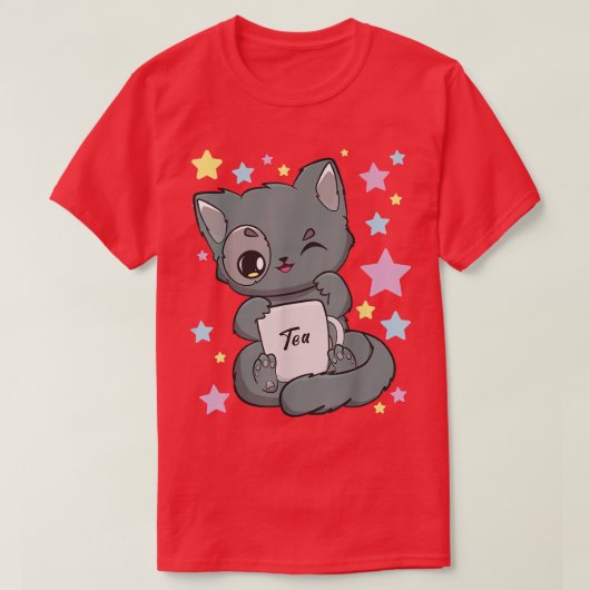 チビ（小さくかわいく書いた感じ）アニメ猫ボバティー飲むかわいい猫ファ Tシャツ (デザイン正面)