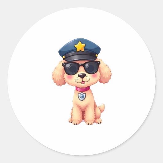 チビ(小さくかわいく書いた感じ)アニメ警察プードル犬 ラウンドシール (正面)