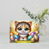 チビ（小さくかわいく書いた感じ）イースターキャットハガキとゴールドフォイルアクセント 箔シーズンポストカード (立ち正面)