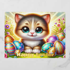 チビ(小さくかわいく書いた感じ)イースターキャットハガキとゴールドフォイルアクセント 箔シーズンポストカード