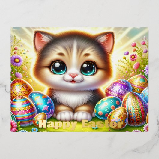 チビ（小さくかわいく書いた感じ）イースターキャットハガキとゴールドフォイルアクセント 箔シーズンポストカード (正面)