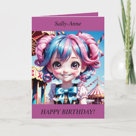 チビ(小さくかわいく書いた感じ)ガールピンク/ブルーの髪の笑顔誕生日カード シーズンカード
