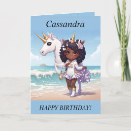 チビ(小さくかわいく書いた感じ)ガールユニコーンオンビーチ誕生日カード シーズンカード