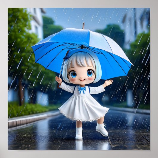 チビ(小さくかわいく書いた感じ)ガール踊りin rain ポスター (正面)