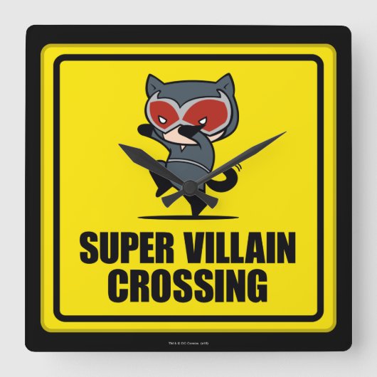 チビ（小さくかわいく書いた感じ）キャットウーマンすごいヴィラン交差標識 スクエア壁時計 (正面)