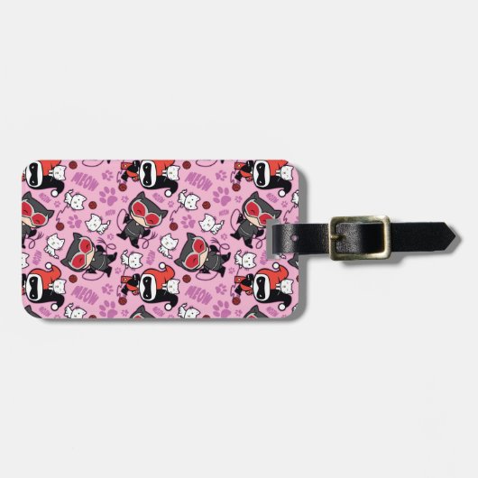 チビ(小さくかわいく書いた感じ)キャットウーマン、ハーレークイン&キッテンズパターン ラゲッジタグ (正面横)