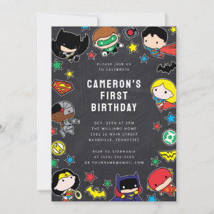 チビ(小さくかわいく書いた感じ)ジャスティスリーグキッズシャルボード誕生日 招待状