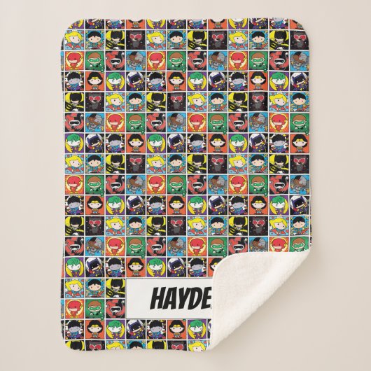 チビ(小さくかわいく書いた感じ)ジャスティスリーグキャラクターパターン シェルパブランケット (正面)