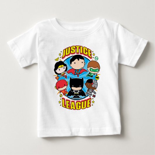 チビ（小さくかわいく書いた感じ）ジャスティスリーググループ ベビーTシャツ (正面)