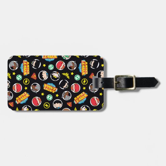 チビ（小さくかわいく書いた感じ）ジャスティスリーグヒーローとロゴパターン ラゲッジタグ (正面横)
