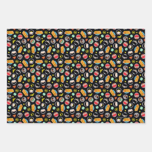 チビ(小さくかわいく書いた感じ)ジャスティスリーグヒーローとロゴパターン ラッピングペーパーシート (正面)