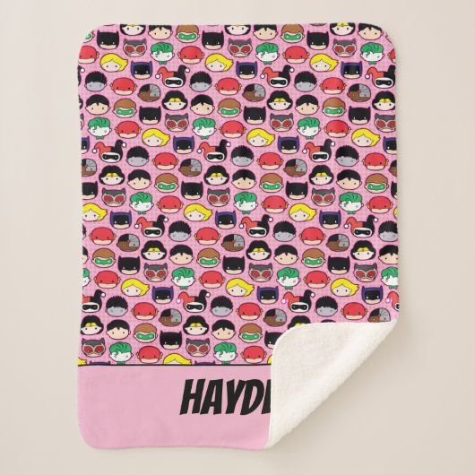 チビ(小さくかわいく書いた感じ)ジャスティスリーグヘッドパターン シェルパブランケット (正面)