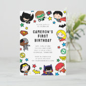 チビ（小さくかわいく書いた感じ）ジャスティスリーグ子供の誕生日 招待状 (スタンド正面)