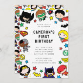 チビ（小さくかわいく書いた感じ）ジャスティスリーグ子供の誕生日 招待状 (正面/裏面)