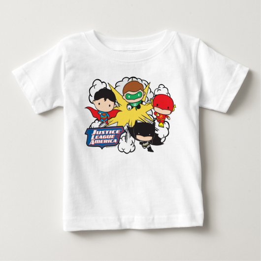 チビ（小さくかわいく書いた感じ）ジャスティス・リーグ・オブ・アメリカ爆発 ベビーTシャツ (正面)