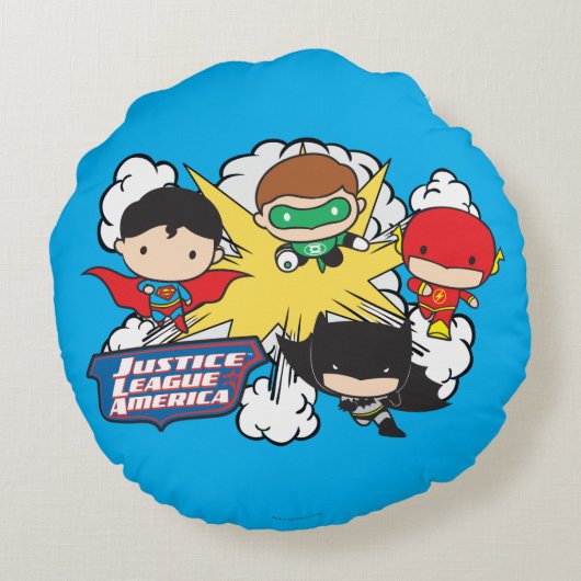 チビ(小さくかわいく書いた感じ)・ジャスティス・リーグ・オブ・アメリカ爆発 ラウンドクッション (裏面)
