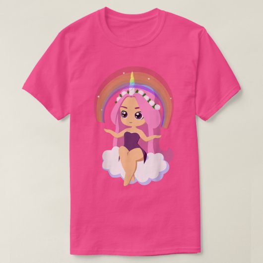 チビ（小さくかわいく書いた感じ）スタイルかわいいアニメガールレインボーユニコーン Tシャツ (デザイン正面)