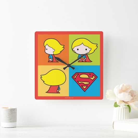 チビ(小さくかわいく書いた感じ)スーパーガールキャラクターターナラウンド スクエア壁時計 (ホーム)