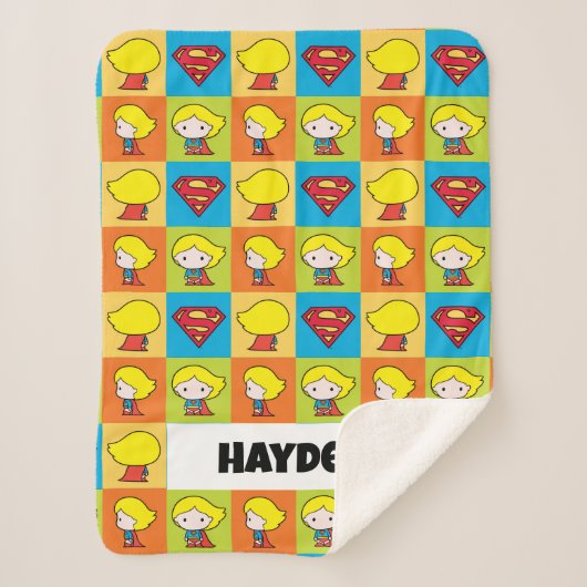 チビ(小さくかわいく書いた感じ)スーパーガールキャラクターターンアラウンド シェルパブランケット (正面)