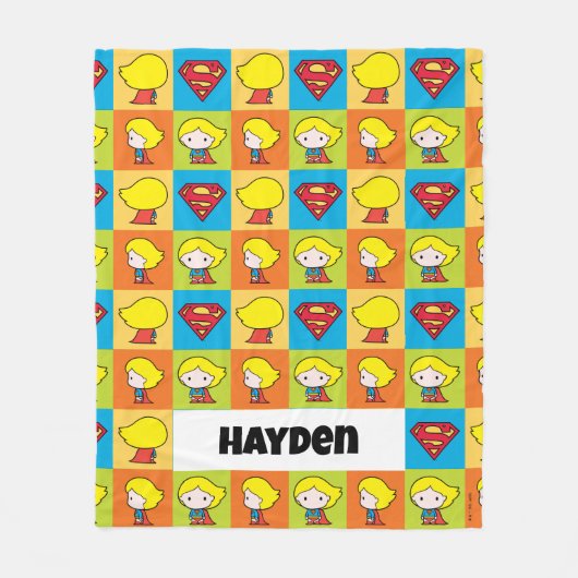 チビ(小さくかわいく書いた感じ)スーパーガールキャラクターターンアラウンド フリースブランケット (正面)
