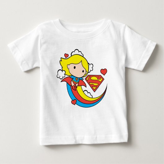 チビ（小さくかわいく書いた感じ）スーパーガール飛んでいるレインボー ベビーTシャツ (正面)