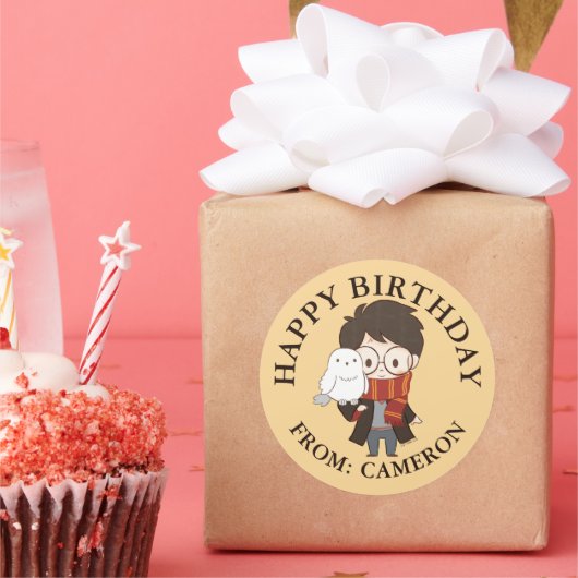 チビ(小さくかわいく書いた感じ)ハリーポッター™ & Hedwig |ハッピーバースデー ラウンドシール (パーティー)