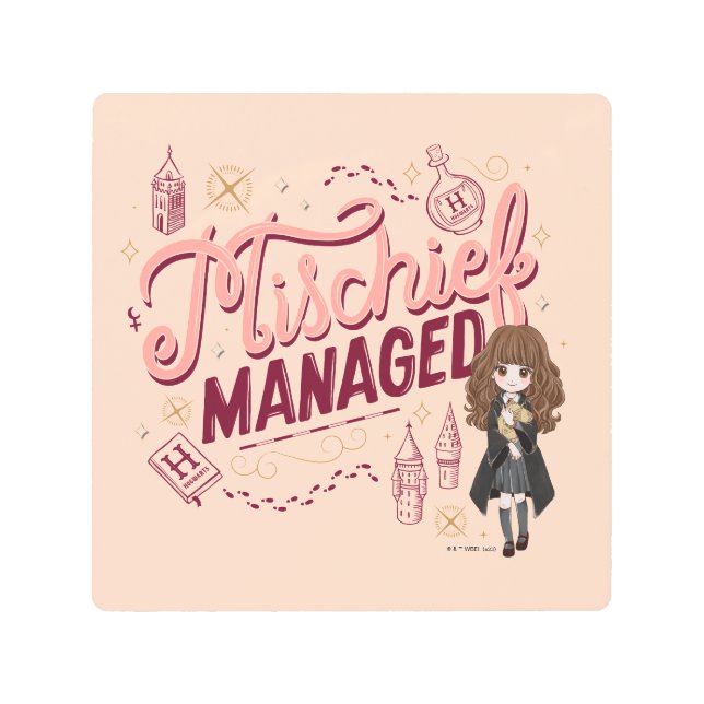 チビ（小さくかわいく書いた感じ）ハーマイオニー「いたずら管理中」 メタルプリント (正面)