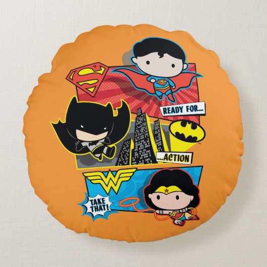 チビ(小さくかわいく書いた感じ)・ヒーローが行動に出る準備! ラウンドクッション (正面)