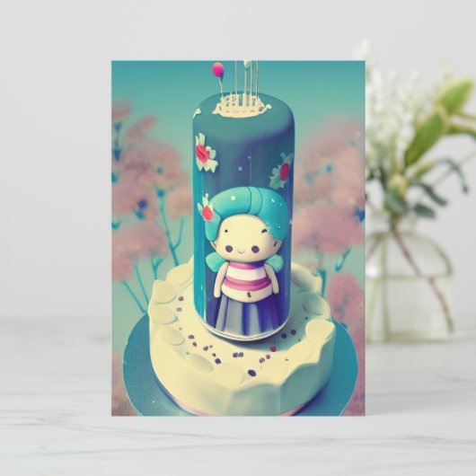 チビ（小さくかわいく書いた感じ）フェイリーおばあちゃんお誕生日ケーキグリーンレッドフラワー シーズンカード (スタンド正面)