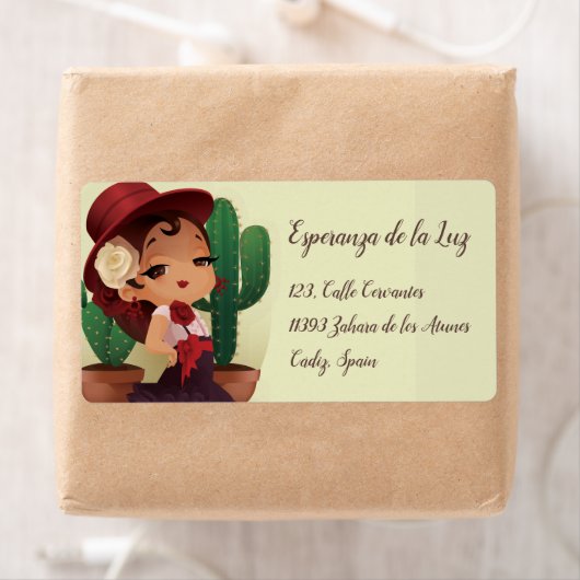 チビ(小さくかわいく書いた感じ)フラメンコスペインのハットとキャットイン ラベル (インサイチュ)